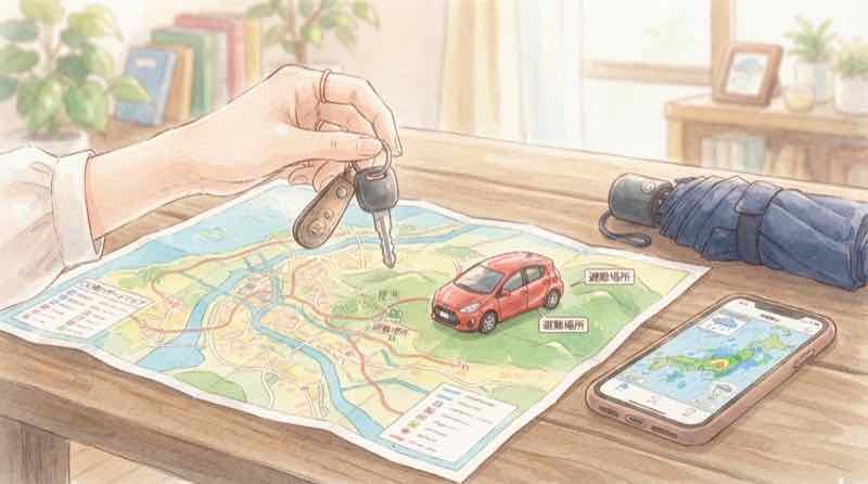 大雨で車はどこに逃がすか迷いながら窓の外の雨雲を見上げる女性