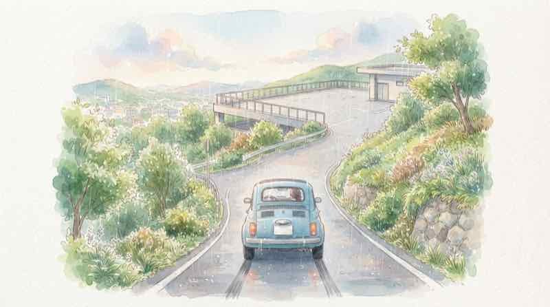 車を逃がす場所の優先順位を考え高台の駐車場へ向かう車のイメージ