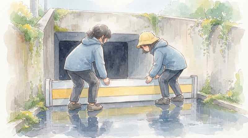地下駐車場の入口に止水板を立てて浸水に備える様子
