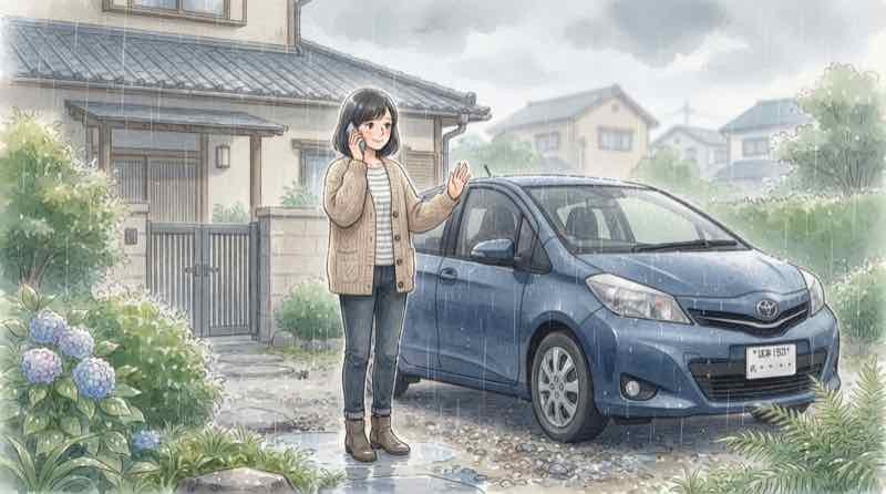 冠水した車のエンジンをかけず保険会社に連絡する女性のイメージ