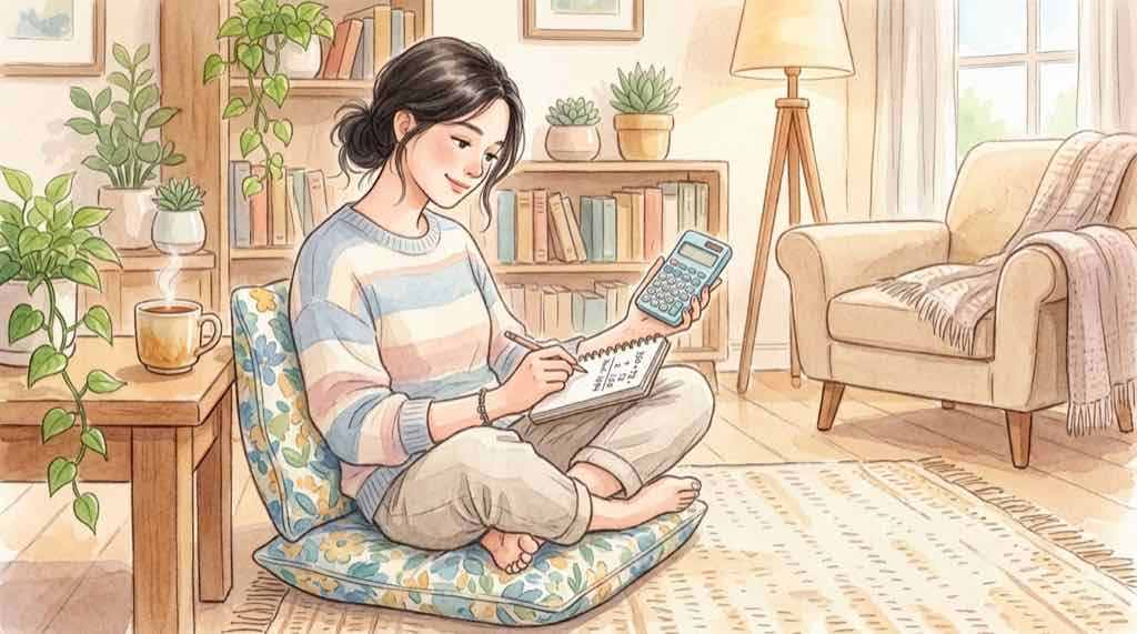 山岡家 値上げ 新価格を電卓で試算する女性のイラスト