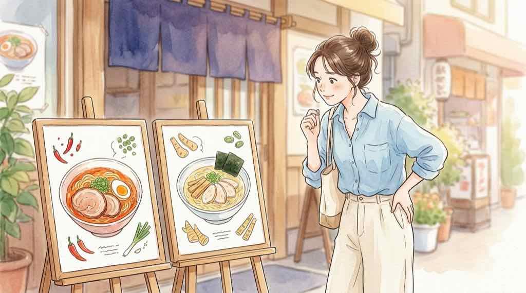 山岡家 690円ラーメンのメニューを見比べる女性のイラスト