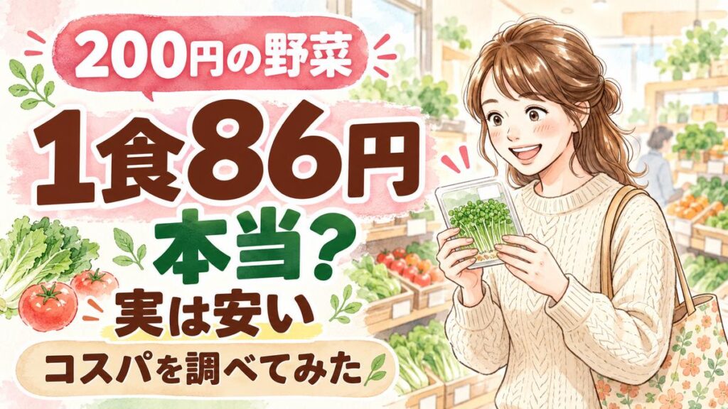 野菜コーナーでブロッコリースーパースプラウトを手に取る女性の水彩イラスト