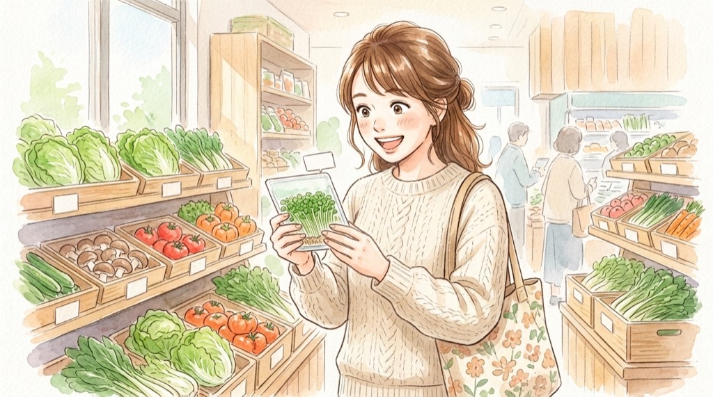野菜コーナーでブロッコリースーパースプラウトを手に取る女性の水彩イラスト