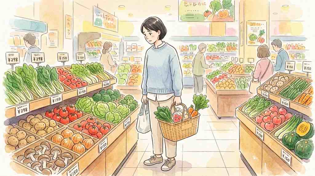 野菜が高い時期にスーパーの売り場で値札を見ている女性のイラスト