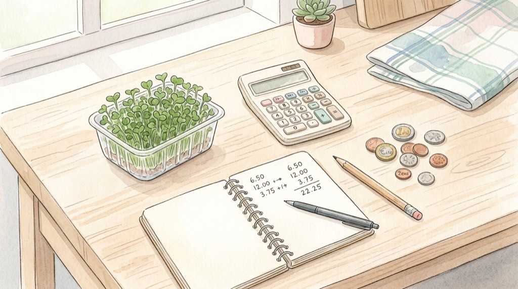 電卓とブロッコリースーパースプラウトのパックを並べたイラスト