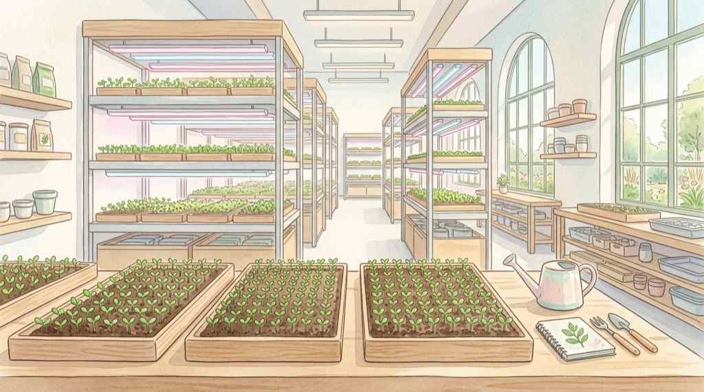 植物工場の棚で育つスプラウトの発芽風景を描いたイラスト