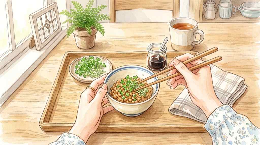 スプラウトを納豆に混ぜている女性の手元のイラスト