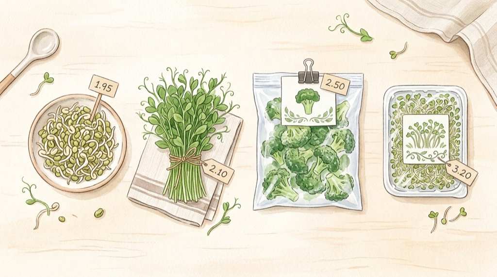 もやし・豆苗・冷凍ブロッコリー・スプラウトを並べた食材比較イラスト