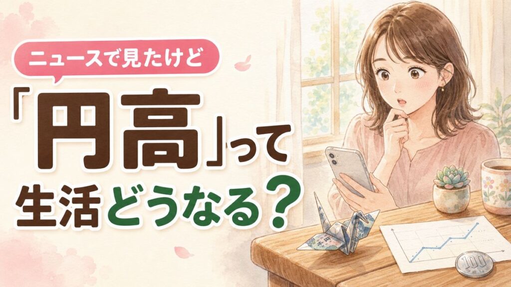 円高 なぜ 今日をやさしく解説、街で空を見上げてほっとする女性のイラスト