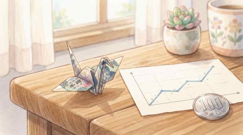 円高 なぜ 今日をやさしく解説、街で空を見上げてほっとする女性のイラスト