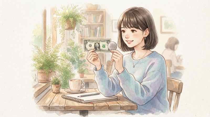 158円なのに円高と呼ぶ理由を、ドル札と円を見比べて考える女性のイラスト