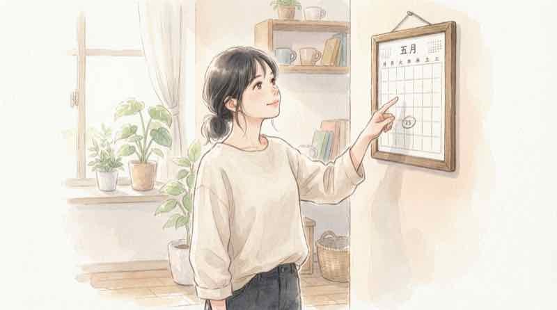 円高 いつまで続くのかを考える、カレンダーを見上げる女性のイラスト