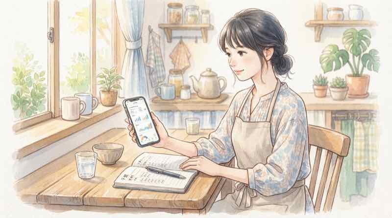 円高 NISAの評価額を確認する、スマホと家計簿を前にした女性のイラスト
