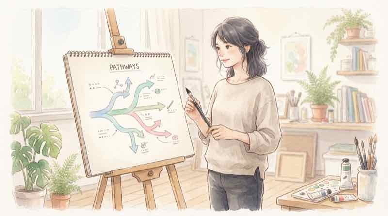 円高 何が安くなるのかを考える、スーパーで商品を手に取る女性のイラスト