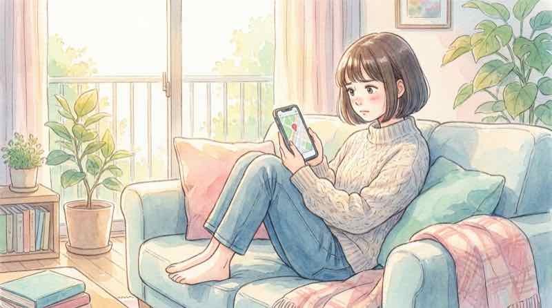 横浜市 水道水 対象地域の地図を確認する女性のイラスト