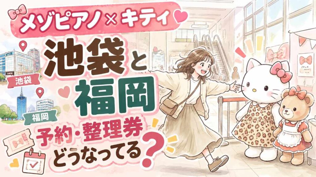 メゾピアノ キティ ポップアップ 2026の池袋・福岡会場を紹介する水彩イラスト