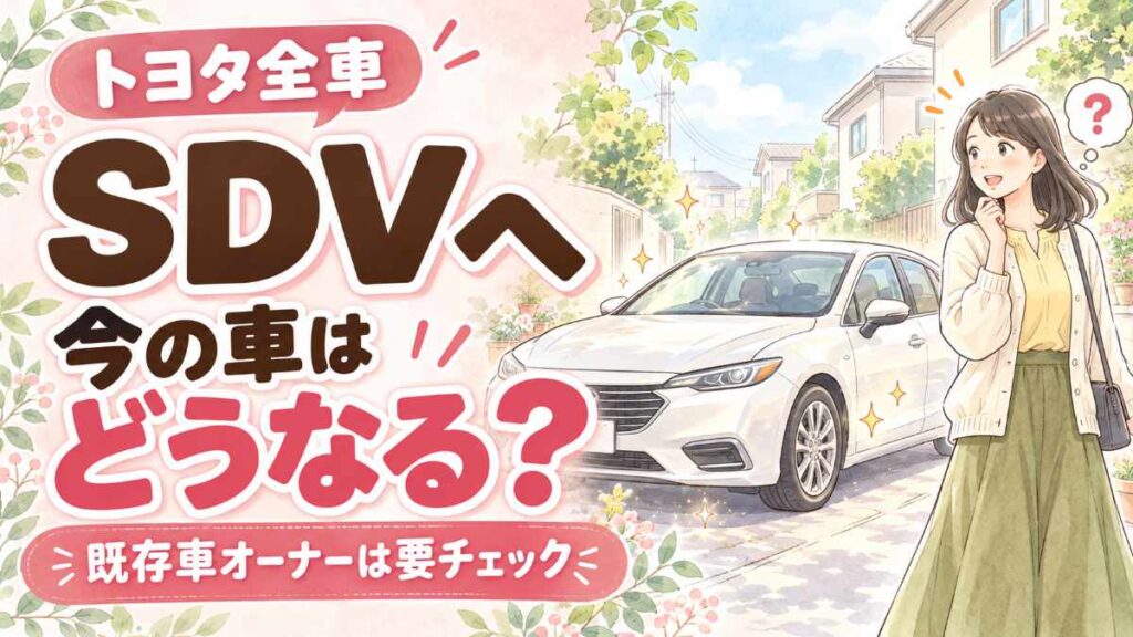 トヨタ SDV化で今の車はどうなるかを考える、車と女性の水彩イラスト