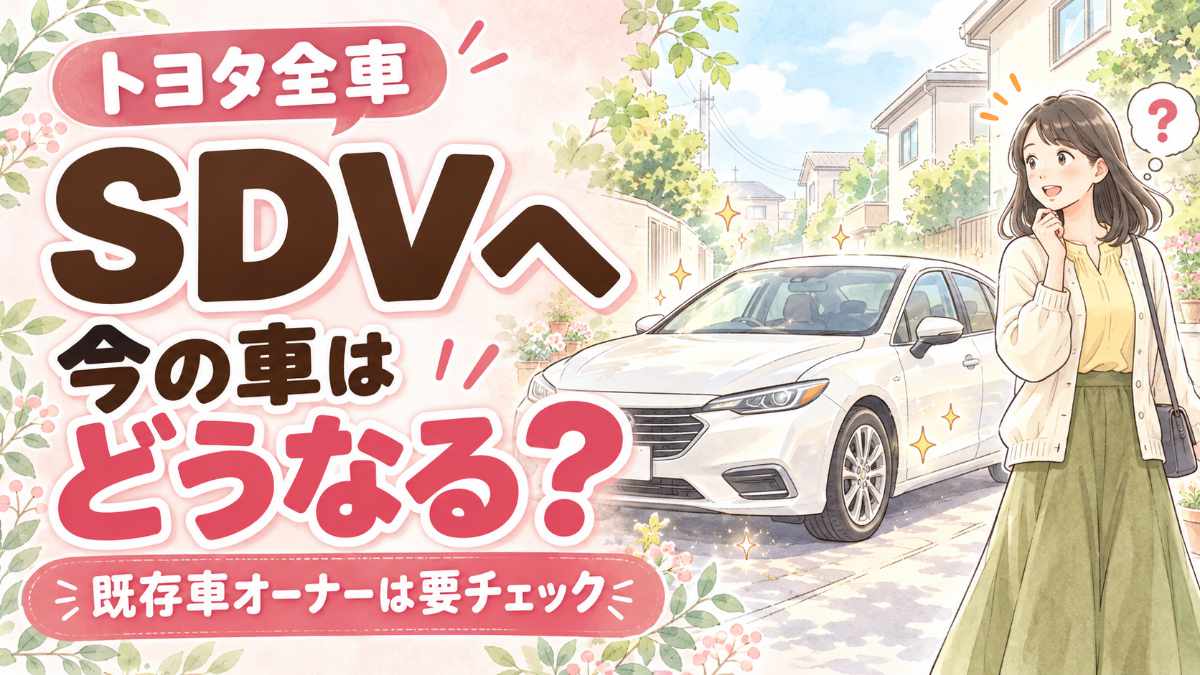 トヨタ SDV化で今の車はどうなるかを考える、車と女性の水彩イラスト