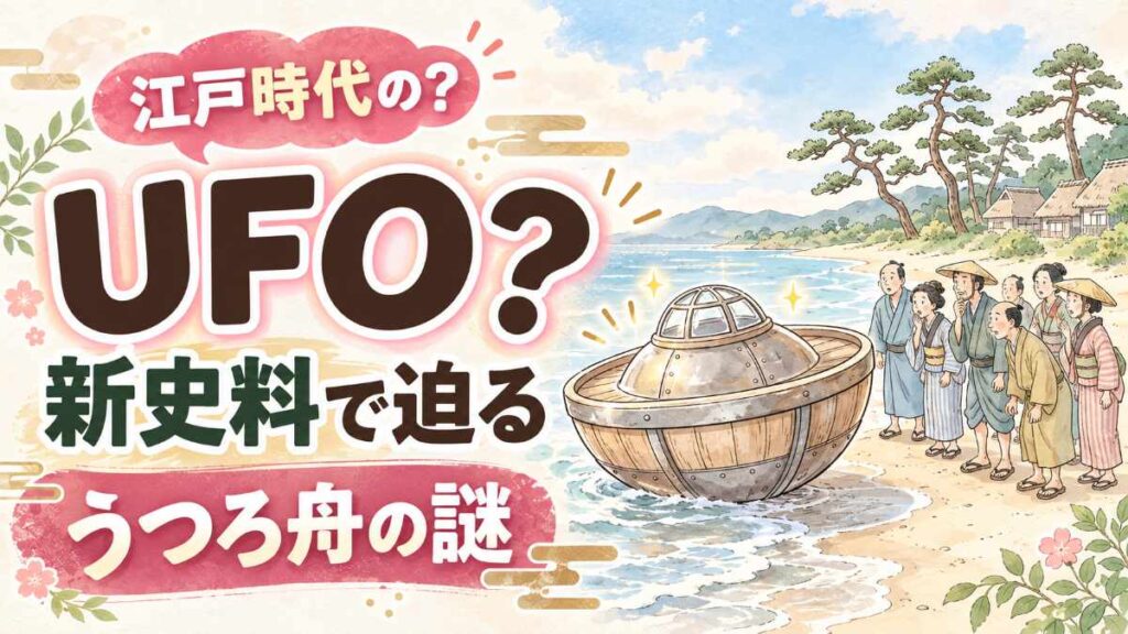 うつろ舟の正体と新史料を調べる江戸の浜辺の水彩イラスト