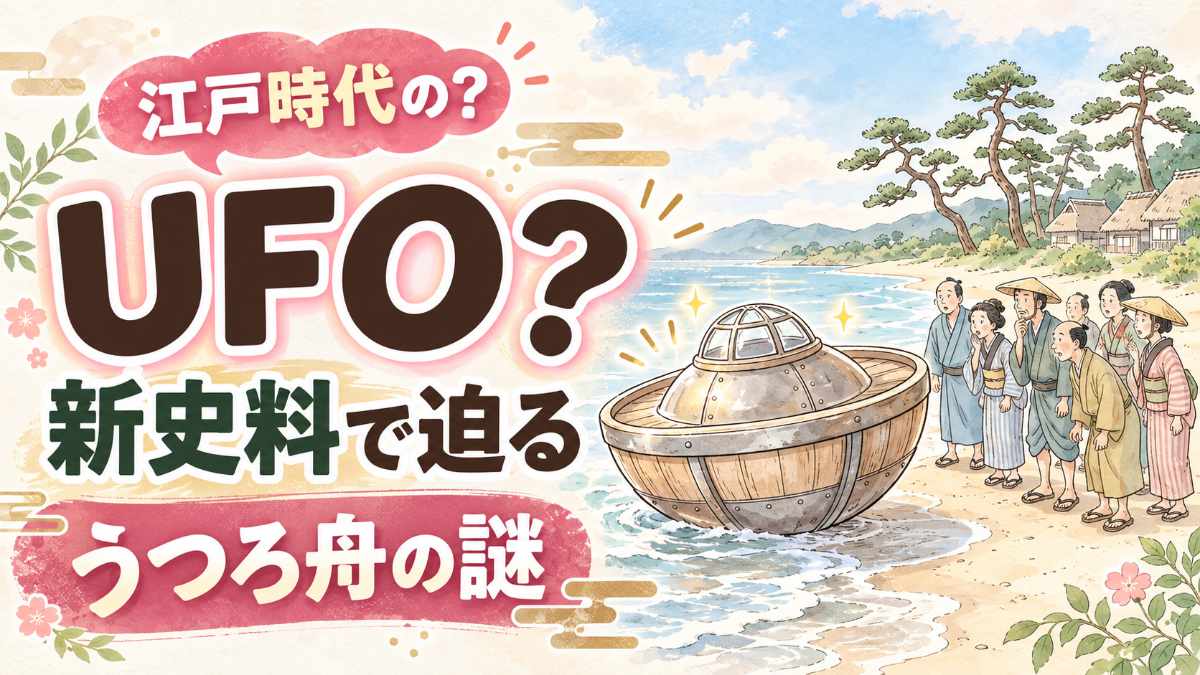 うつろ舟の正体と新史料を調べる江戸の浜辺の水彩イラスト