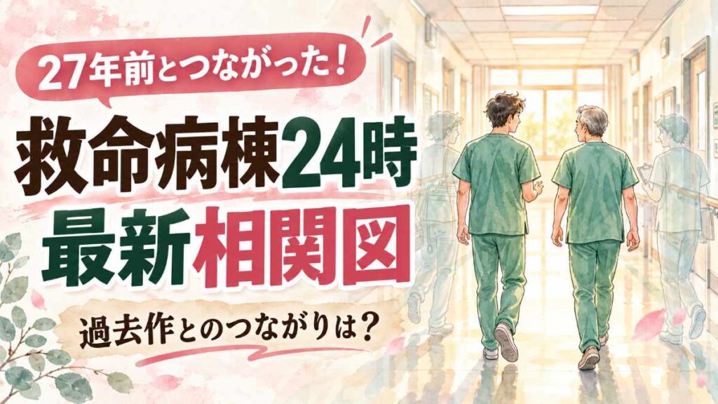 救命病棟24時 相関図 2026年最新版・進藤と小島の27年を描いた水彩イラスト