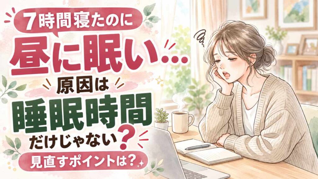寝ても眠い なぜ?睡眠休養感と日中の眠気を考える女性のイラスト