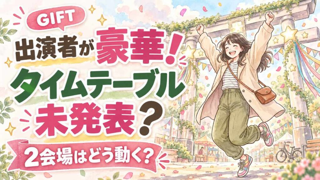 GIFT アイドルフェス2026の出演者とタイムテーブル、2会場移動を解説するイメージ