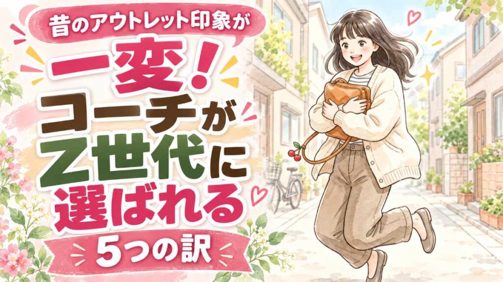 コーチ Z世代 人気の理由を表す、笑顔で歩く女性と革のショルダーバッグ