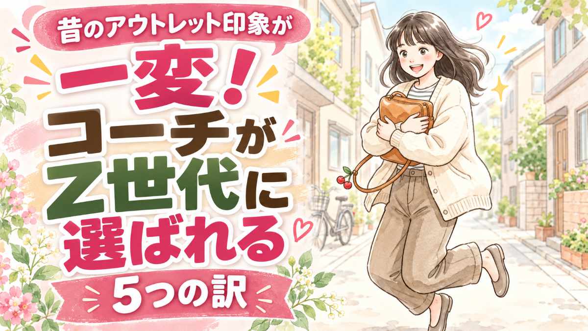 コーチ Z世代 人気の理由を表す、笑顔で歩く女性と革のショルダーバッグ