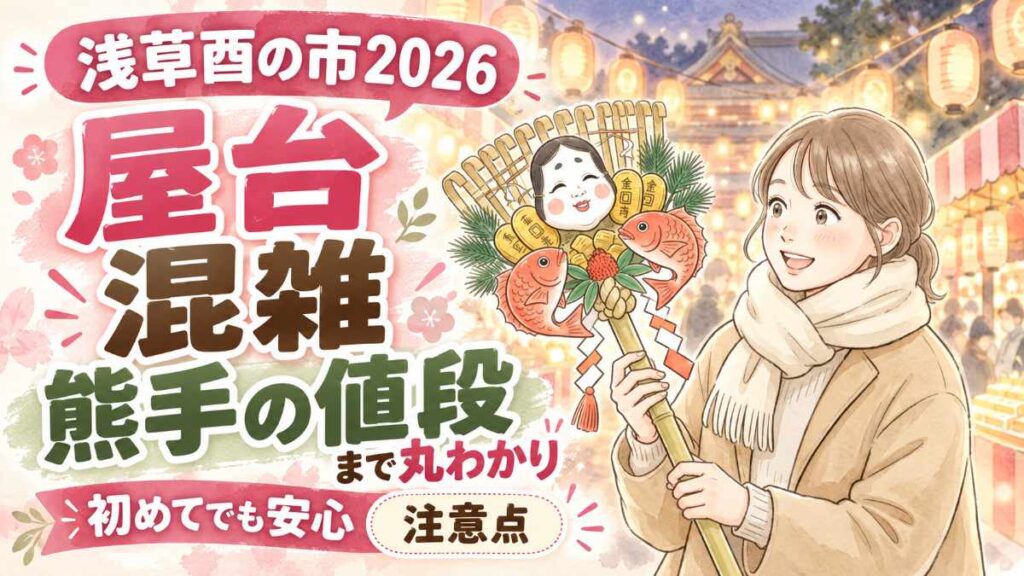 浅草 酉の市 2026の日程と熊手を楽しむ女性のイラスト