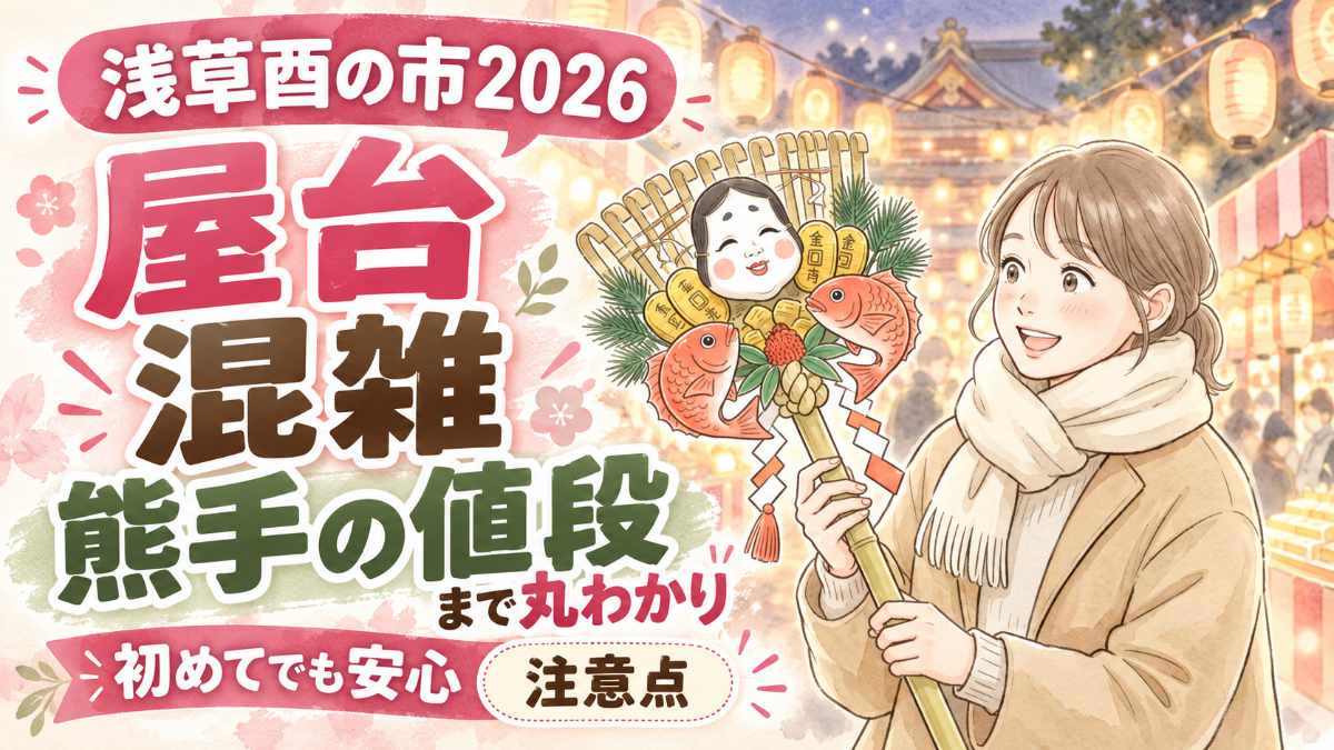 浅草 酉の市 2026の日程と熊手を楽しむ女性のイラスト