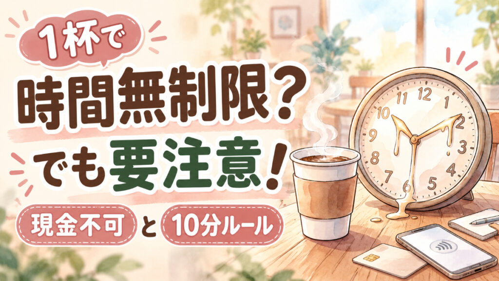 セルフカフェの使い方を紹介する、ドリンクを手に席につく女性のイメージ