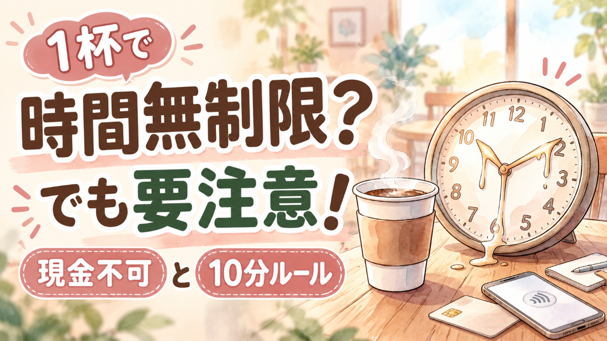 セルフカフェの使い方を紹介する、ドリンクを手に席につく女性のイメージ