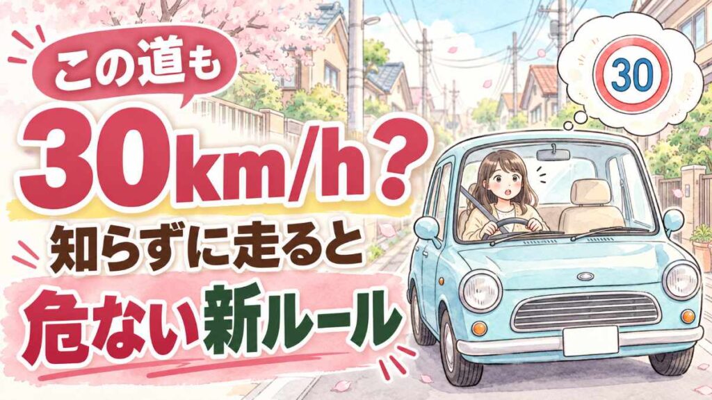 生活道路 30kmのルールを確認する住宅街のイラスト
