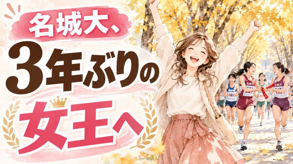 紅葉した並木道で両手を上げて喜ぶ女性と遠くでたすきをつなぐ選手たち