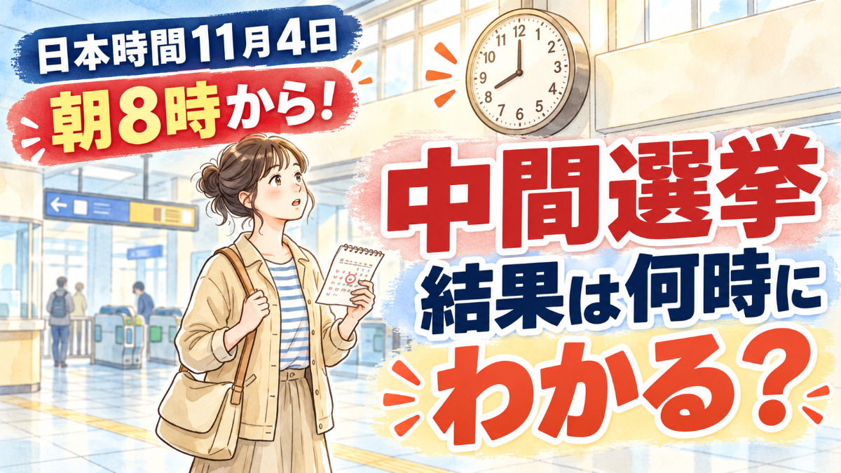 アメリカ中間選挙2026の日本時間を解説する女性のイラスト