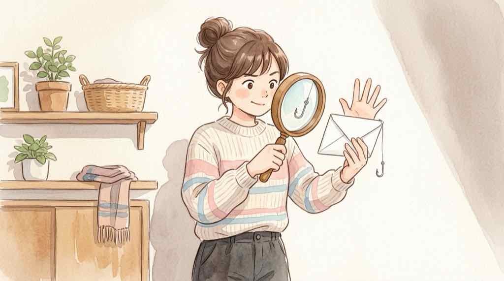 アバハウス情報漏洩に便乗した返金メールの偽物を見抜く女性のイラスト