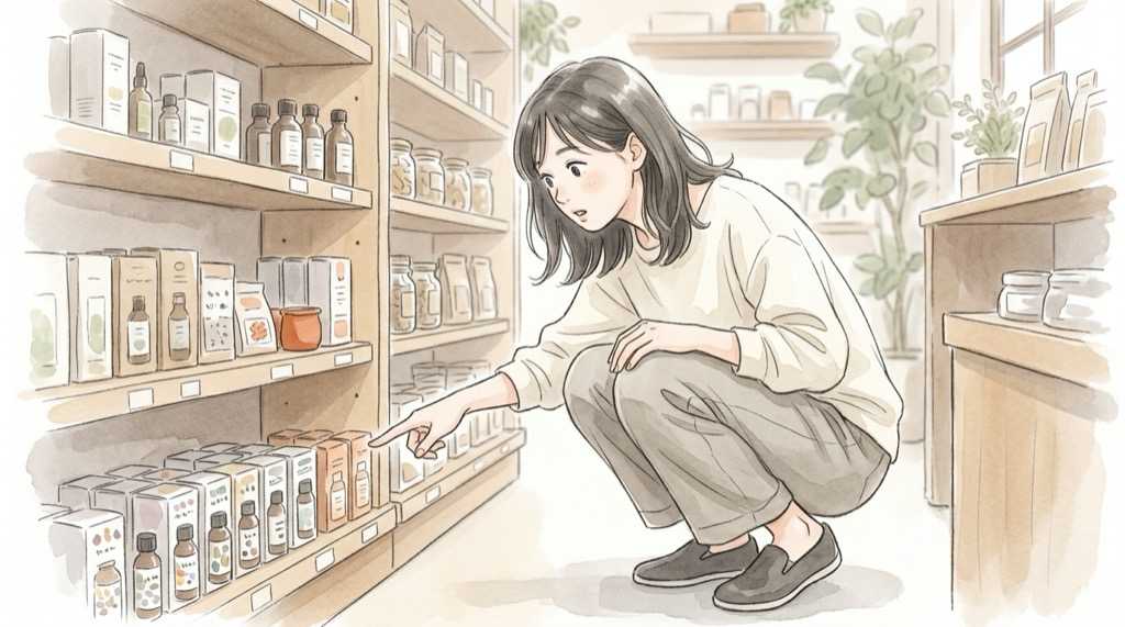 アリナミン サンリオ チャームを店頭で探す人をイメージした水彩イラスト