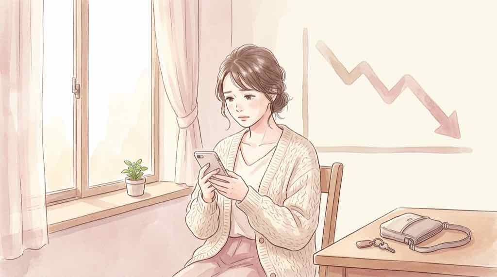 オルカン 下落 なぜ?AI投資への不安を抱えて基準価額を見つめる女性のイラスト
