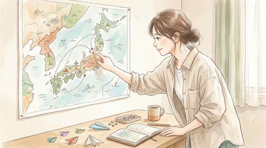 ANAちいかわジェットの今日の運航予定を調べる手順を、地図と飛行機で表した水彩イラスト