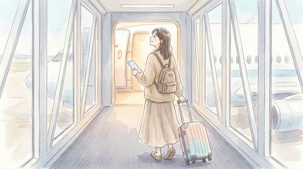 ANAちいかわジェットに乗る方法を、航空券と搭乗口で表した水彩イラスト