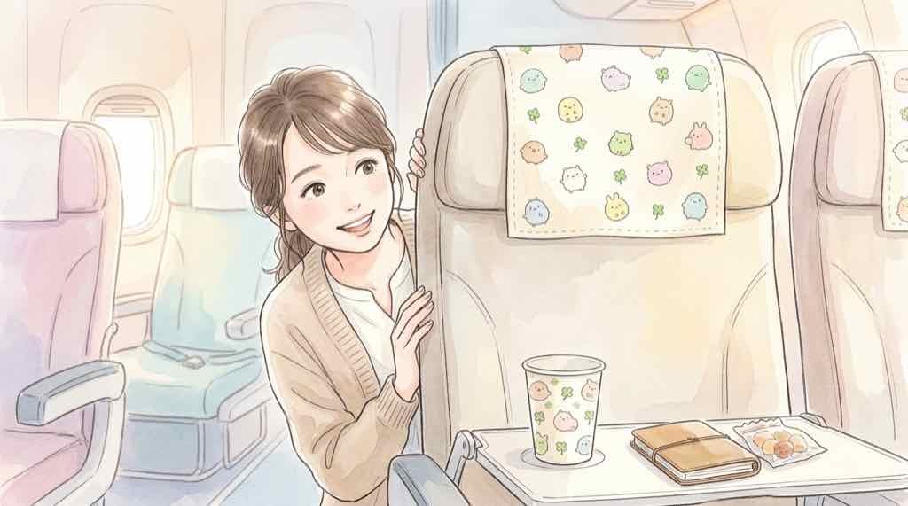 ちいかわジェットの機体と機内のヘッドレストカバーをイメージした水彩イラスト