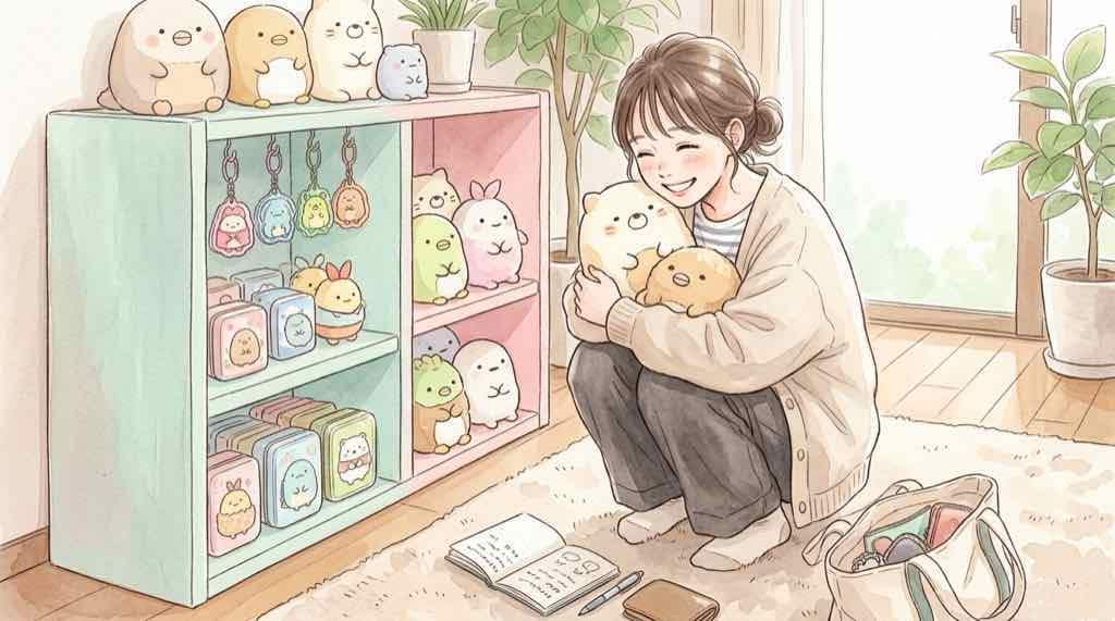 ちいかわANAグッズのマスコットやぬいぐるみが並ぶ様子をイメージした水彩イラスト