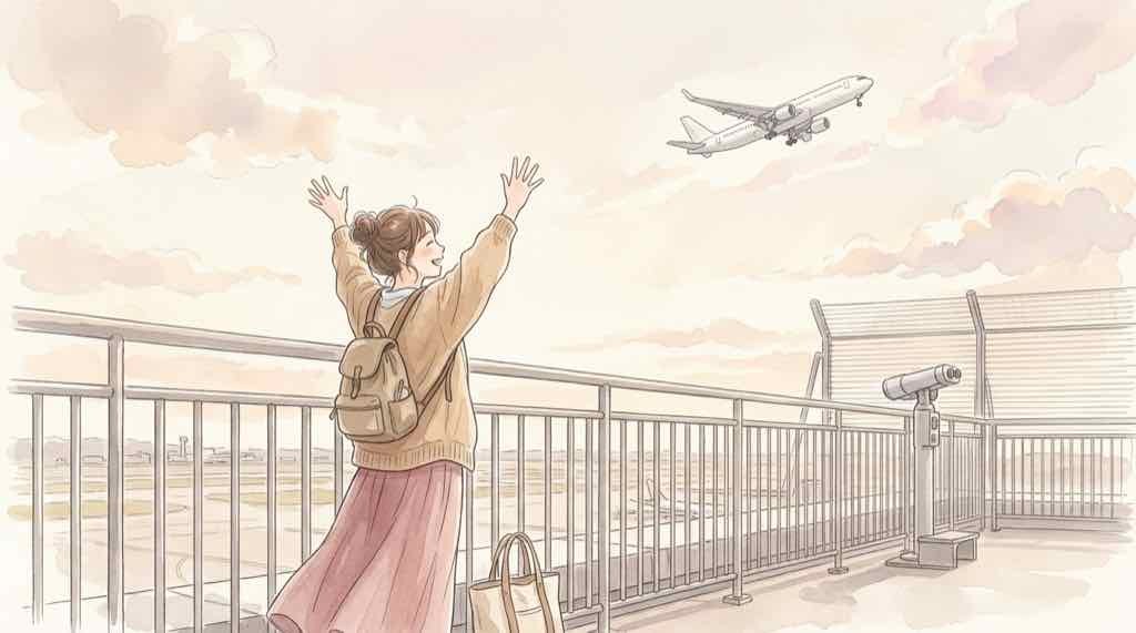 空港の展望デッキから飛行機を見上げる人をイメージした水彩イラスト