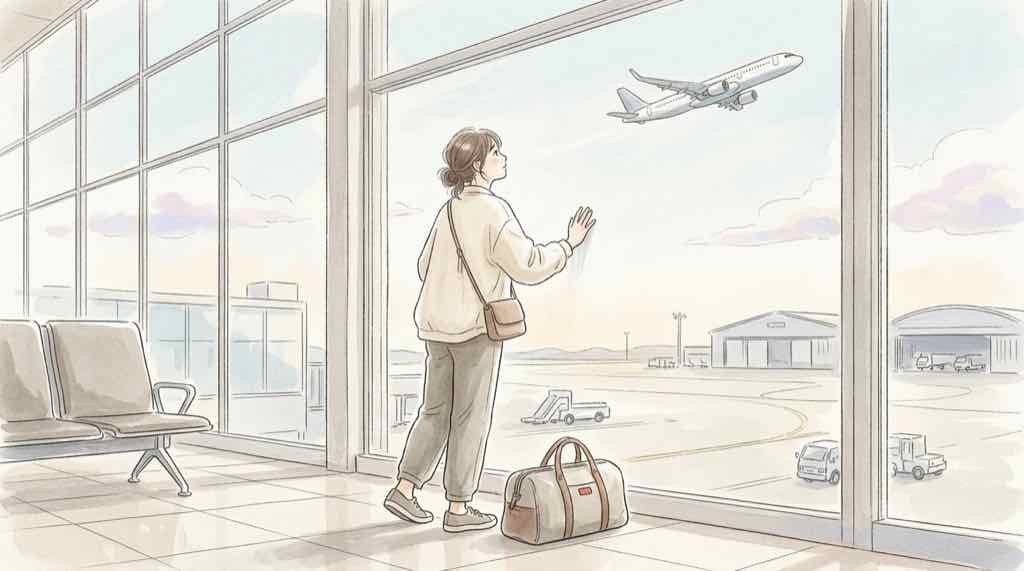 ANA情報漏洩2026の経緯を調べる女性と空港のイメージ