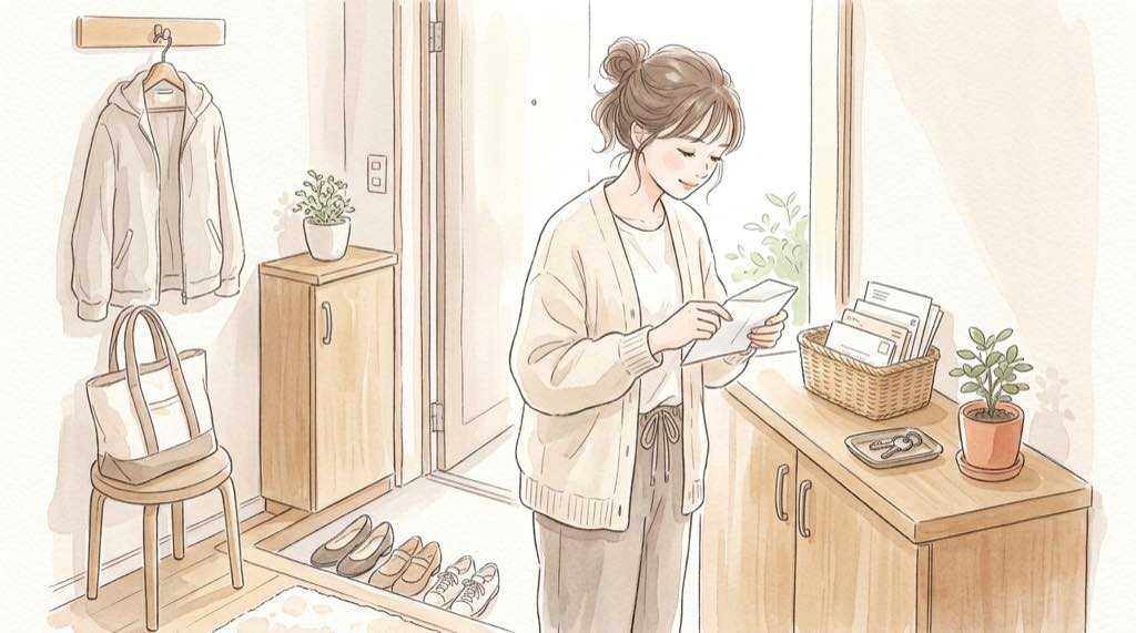 ARTEX情報漏えいの確認方法として、玄関で届いた封筒を落ち着いて確かめる女性