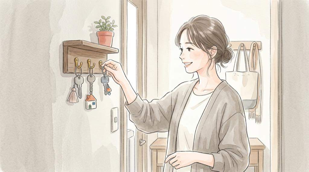 ARTEX対策の基本、サービスごとに違う鍵を壁のフックに掛けて微笑む女性