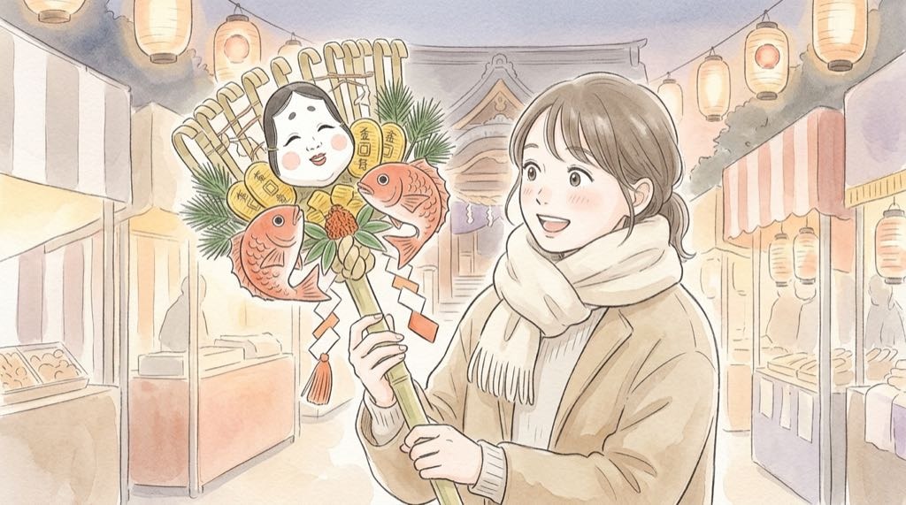 浅草 酉の市 2026の日程と熊手を楽しむ女性のイラスト
