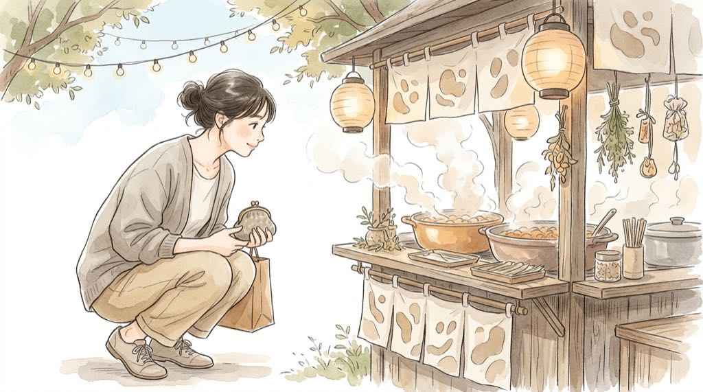浅草 酉の市 屋台の時間を知って提灯の下を歩く女性のイラスト